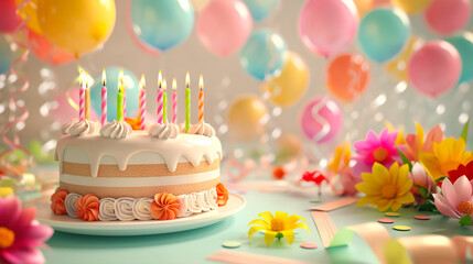 Whimsical Happy Birthday scene with a cake, colorful candles, balloons, streamers, and a vibrant flower bouquet. Perfect for social media posts and banner designs.

