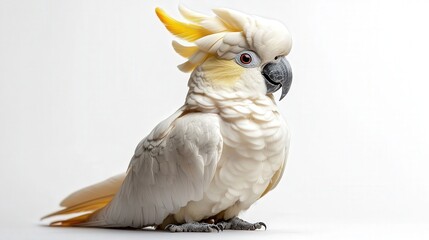 A majestic white cockatoo with vibrant yellow crest perched gracefully.