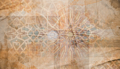 canvas texture background with islamic pattern .the patterns on vintage floor . Old gray brown rusty vintage worn shabby patchwork motif tiles stone concrete cement wall texture background banner 
