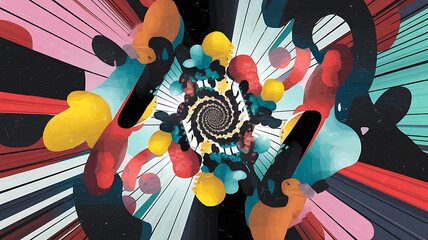 Abstract vibrant colorful spiral design with a comic book-style aesthetic
