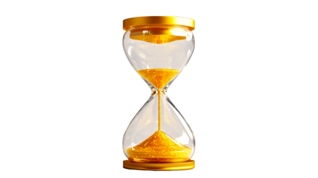 Golden sandglass, countdown timer, hourglass, deadline concept, cut out transparent