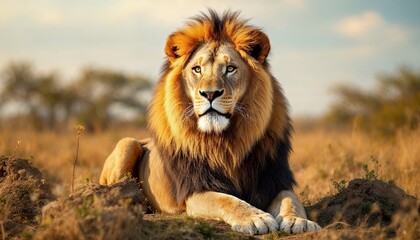 Obraz premium Lion Resting in Golden Light of Savanna at Dusk Wildlife