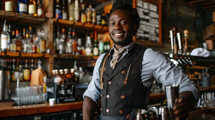 Fototapeta premium Bartender happily posing with a cocktail shaker in a bustling bar