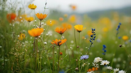A vibrant field of colorful flowers in a soft daylight scene