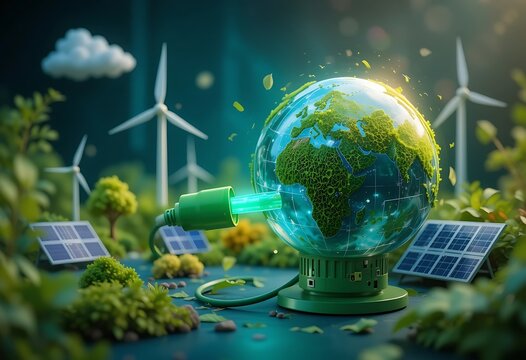 Globe connected to power with wind turbines and solar panels in a green environment concept image - Powered by Adobe