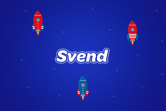 Svend male boy name illustration in blue with rockets.