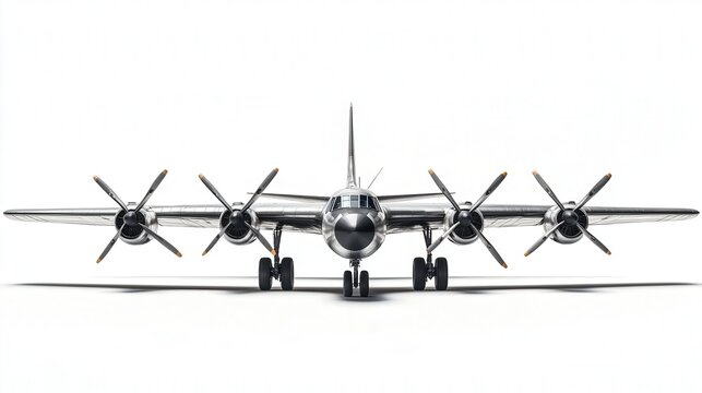 Front view of a vintage four-engine propeller airplane on a white background.