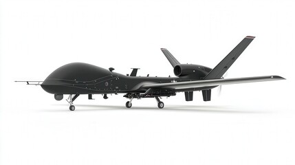 Obraz premium Sleek black drone aircraft on isolated white background, showcasing modern aerospace design.