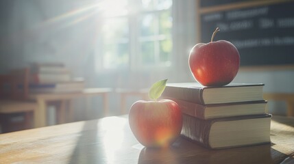 Fresh red apples resting on stacked books in a sunlit classroom, creating a warm, inviting study atmosphere