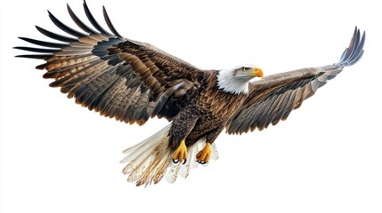 Fototapeta premium Majestic bald eagle soaring in the sky with wings spread wide against a clear background.