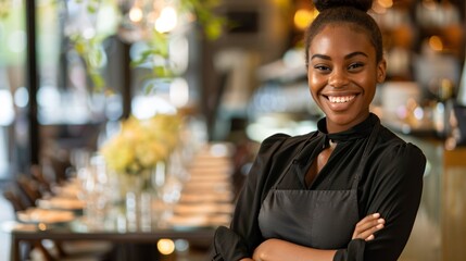 Fototapeta premium Young waitress is seen happily smiling with her arms crossed while working in a restaurant