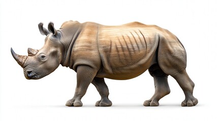 Fototapeta premium Majestic rhinoceros standing proudly on a white background showcasing its powerful horn.