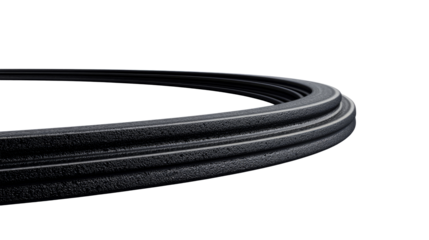 Close-up of black rubber belt with three grooves, cut out transparent