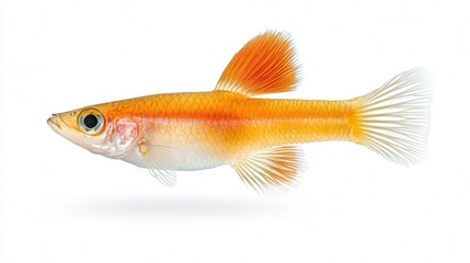 A vibrant guppy fish with striking orange and white scales against a simple white background.