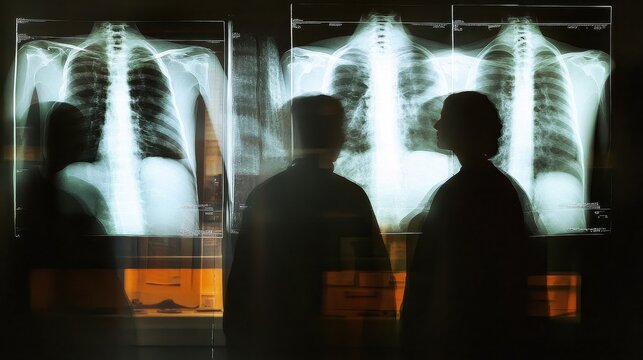 Medical professionals examining chest radiographs in a dimly lit room