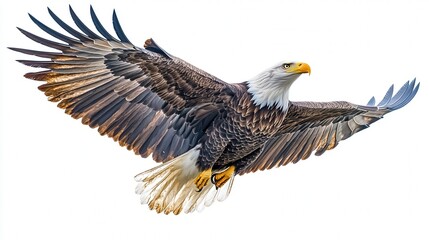 Obraz premium Majestic bald eagle soaring in the clear sky with a powerful wingspan displayed.