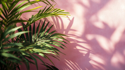 Plant leaves casting shadows on a pink wall creating a natural and aesthetic background image