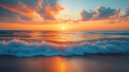 Obraz premium Ocean Sunset Serenity: Waves, Beach, and Golden Sky