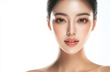 Fototapeta premium Close-up of a beautiful Asian woman with flawless facial and neck skin, isolated on a white background. This image represents the concept of beauty, with ample space for text. It is the winner.