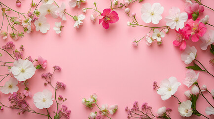 Fototapeta premium Elegant Mother’s Day Floral Arrangement on Soft Pink Background.A beautifully arranged collection of fresh flowers in pink, white, and red tones, set against a soft pastel pink background.