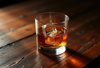 whiskey glass rocks positioned elegantly dark wooden surface highlighting unique textures reflections, drink, alcohol, ice, elegance, beverage, decor