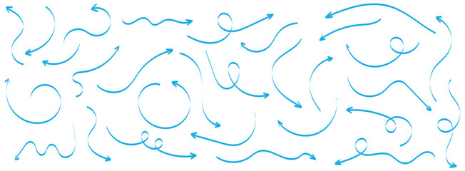Set of simple lines hand drawn blue arrows in various style. Set of simple of hand drawn blue arrows. Set of simple lines hand drawn blue arrows. Various of simple lines arrows collection.