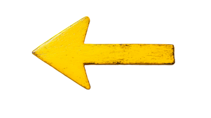 Yellow wooden arrow sign, left direction, isolated, pointer, cut out transparent