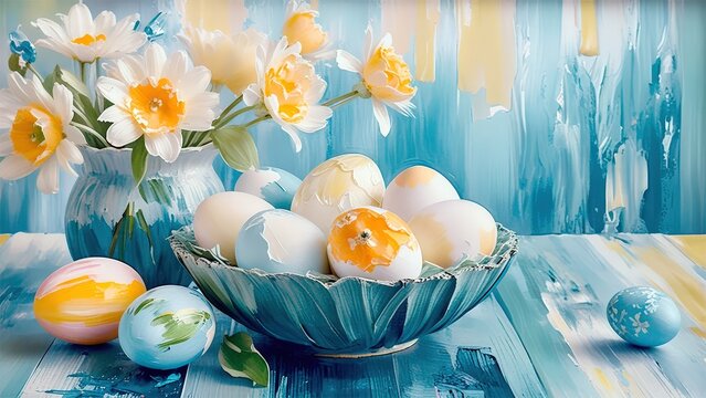 Colorful Easter eggs and fresh flowers create a vibrant spring atmosphere in a charming decorated setting
