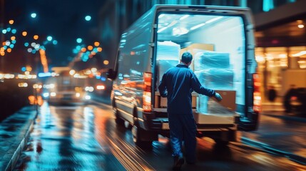 A delivery person loading packages into a cargo van at night