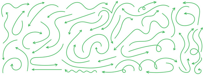 Simple lines, hand-drawn green arrows set in various styles. Hand-drawn curved, doodle, and zigzag dotted arrow collection. 