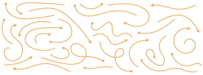 Hand drawn curved, doodle, and zigzag dotted arrow collection. Simple directional lines in orange color. Hand drawn arrows icons vector design. Swirls arrows doodle lines icon set