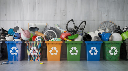 Recycling bins overflowing with assorted discarded items Mixed waste clutter