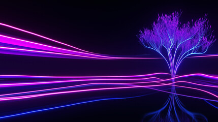 Futuristic neon tree with glowing light trails in dark space for tech event visuals, digital concept art, and sci-fi themed branding