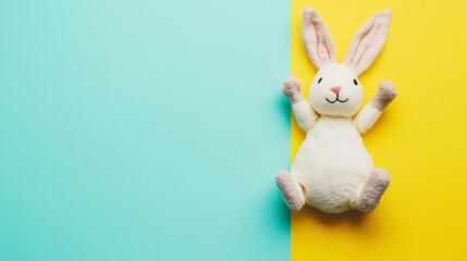 Obraz premium Soft bunny plush toy on split pastel background for children’s product packaging, toy store advertisements, and Easter-themed marketing