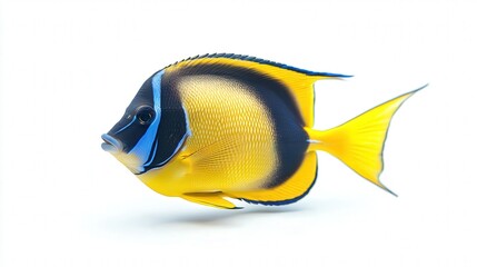 Naklejka premium Vibrant yellow and blue tropical fish against a plain white background.