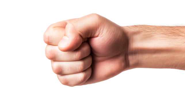 Man's fist, hand gesture of aggression or power, caucasian, cut out transparent