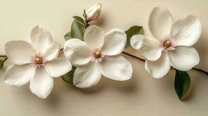 Fototapeta premium Three creamy white magnolia blossoms and buds on a branch, arranged horizontally against a pale background.