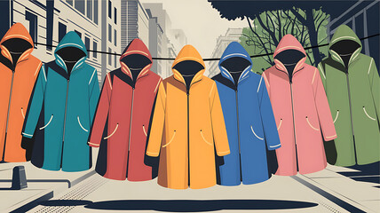 Colorful hooded rain jackets hanging on a clothesline