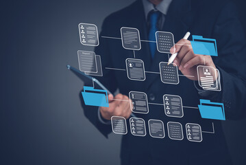 Corporate digital workflow concept with data folders, reports and interface icons, business file management, cloud system, and online document strategy.