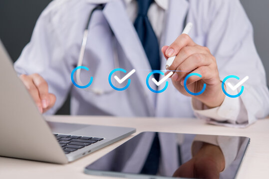Telemedicine concept with doctor completing virtual checklist, innovative healthcare technology, data tracking system, online medical consultation and management.