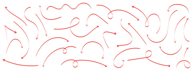 Red Curved arrows: A set of hand-drawn vector arrows. Collection of pointers. Set of hand-drawn red vector arrows doodle arrow vector illustration on a white background
