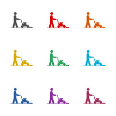 Lawn Mower with People Logo icon isolated on white background. Set icons colorful
