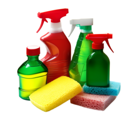 Various Cleaning Products Including Spray Bottles and Brushes Isolated on Transparent Background