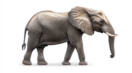 Fototapeta premium Detailed side view of a majestic African elephant on a plain white background.