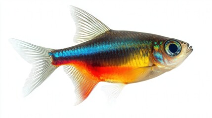 Obraz premium Colorful tropical fish with vibrant scales set against a plain white background.