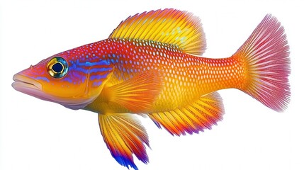 Colorful tropical fish with vibrant red, yellow, and blue patterns on its scales.