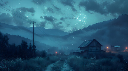 Serene twilight landscape with a rustic cabin, mountains, and starry sky illuminating the scene
