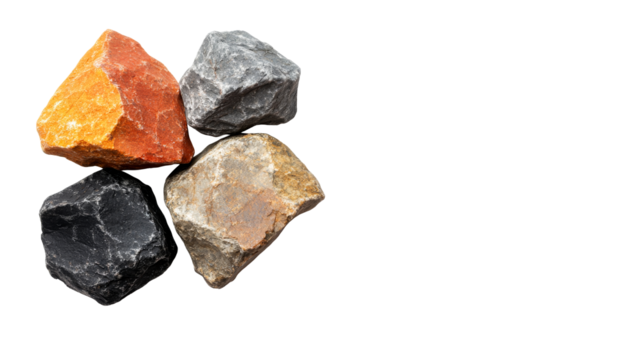 Rocks of different colors stacked together in flower shape, cut out transparent