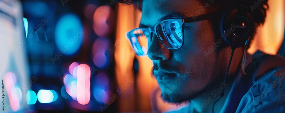 Poster Programmer with glasses and headphones working into the night, lit by the glow of a computer screen