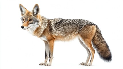 Fototapeta premium Side view of a graceful coyote standing against a white background.
